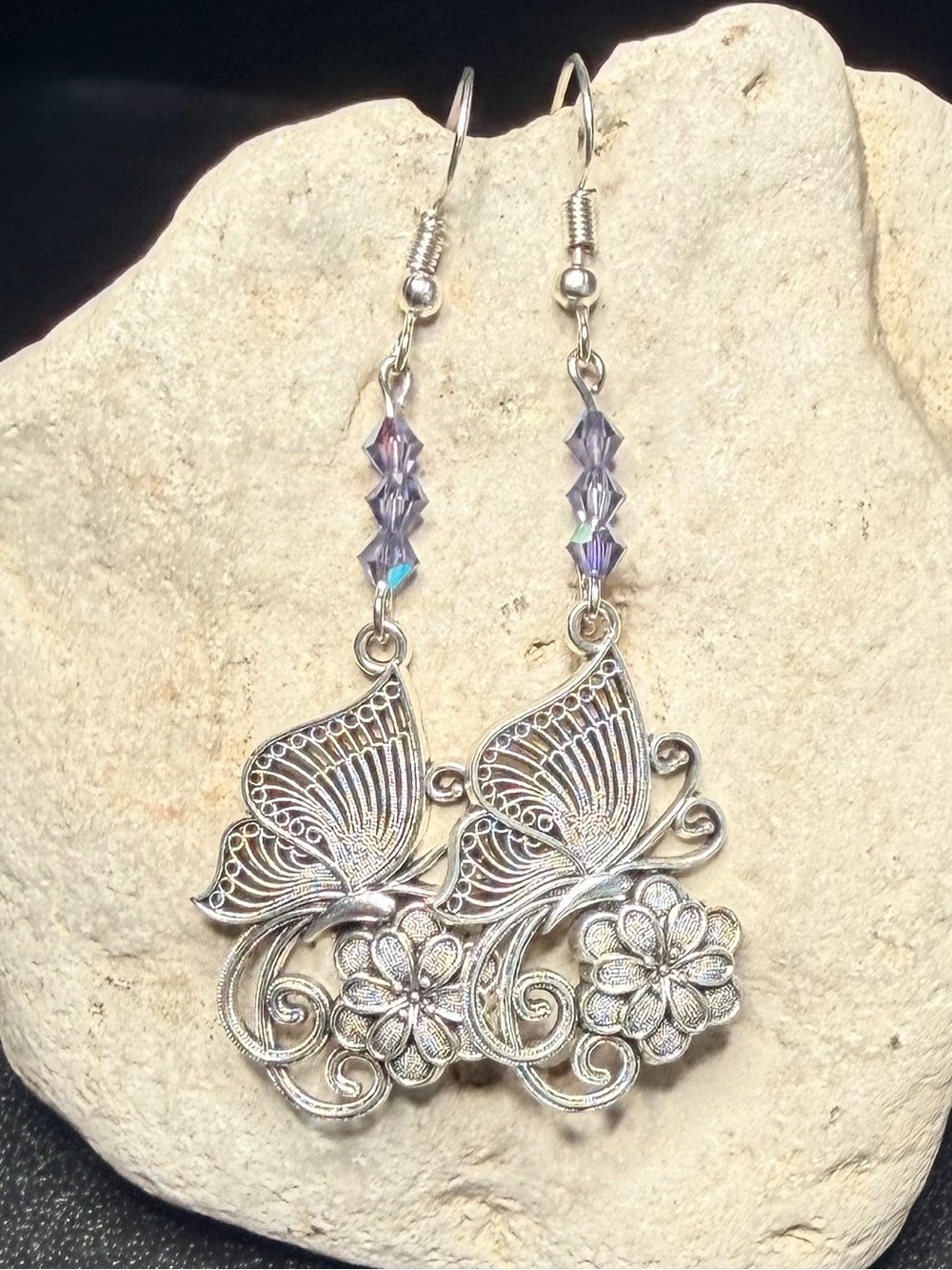 ✨Handmade✨Silver Butterfly Earrings with Purple Beads - Hypoallergenic
